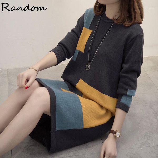

plus size 2020 fall kintted sweater dress women long sleeve fashion o neck color patchwork loose dresses oversized autumn cloth1, Black;gray