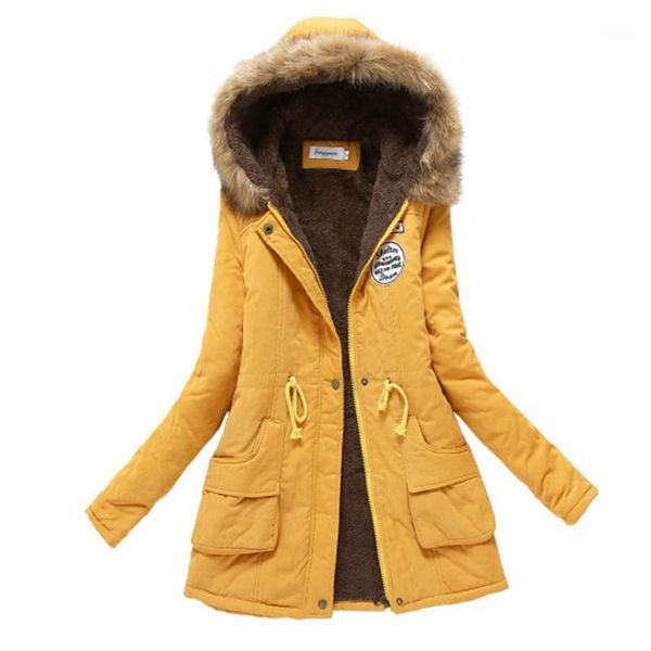 

winter women jacket fur hooded parka female plus size slim cotton liner padded jackets outwear yellow long warm coat mujer1, Black