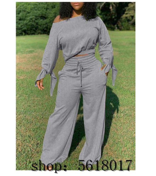 

casual two piece set women bow tie crop high waist wide leg pants fall 2020 women clothing fashion solid sweatsuit, Gray