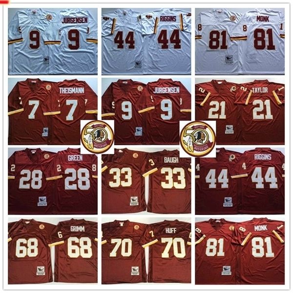 

ncaa vintage #44 john riggins 9 jurgensen 7 joe theismann 28 darrell green 68 russ grimm 81 art monk 50th football jerseys, Black;red