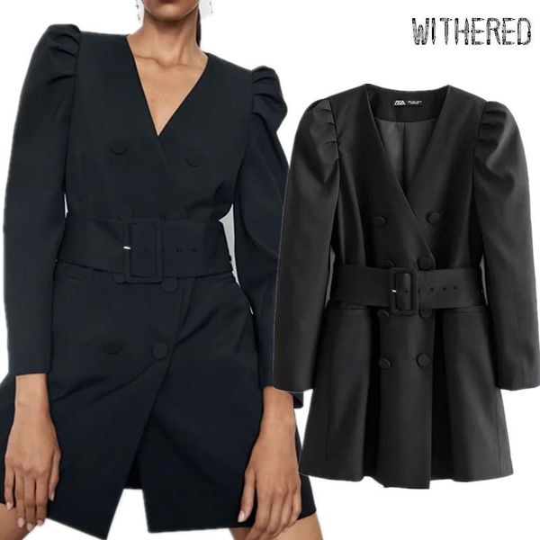 

withered england style sashes puff sleeve suits long blazers dress women vestidos de fiesta de noche vestidos party dress women1, Black;gray