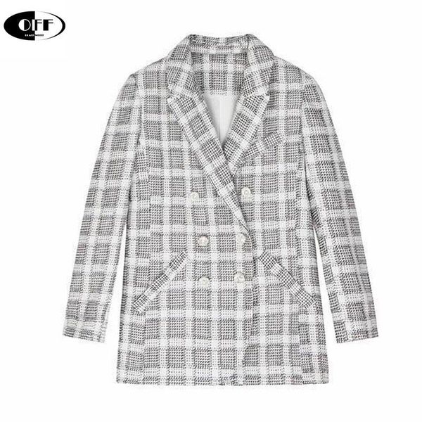

runway designer lady vintage plaid blazers jackets women chic elegant woman double breasted autumn spring suit coat office, White;black