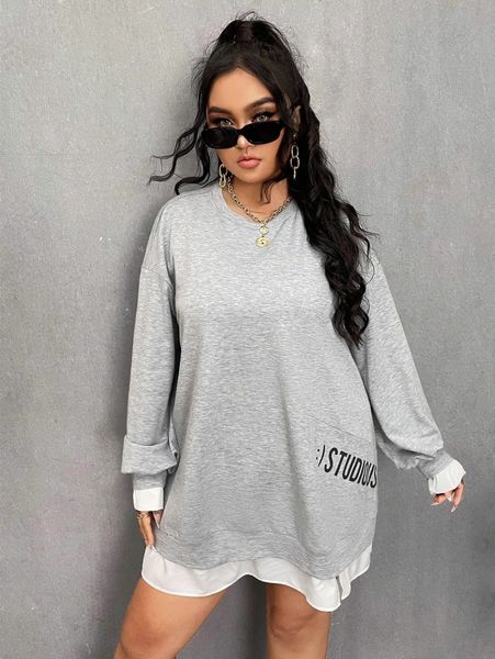 

plus 2 in 1 letter graphic drop shoulder sweatshirt dress s60c#, Black