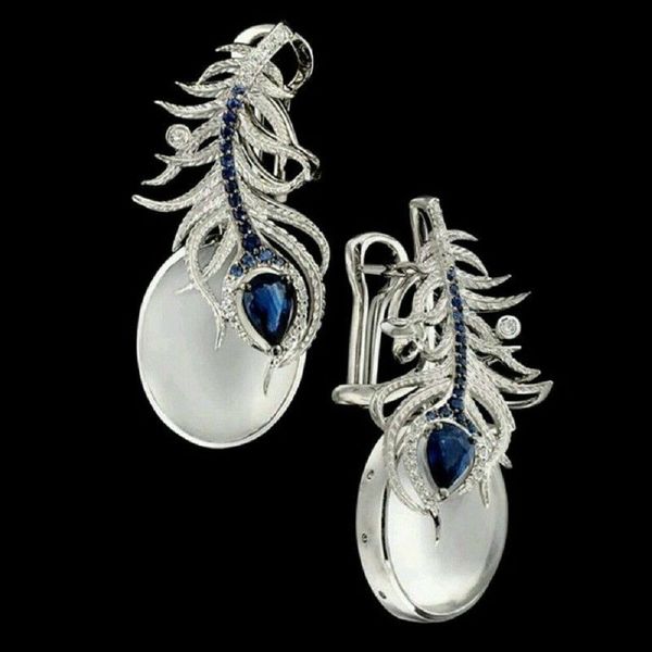 

925 silver moonstoneblue sapphire женщины пром подарка ювелирных изделий уха серьги мотаться перо серьги для женщин подарочные brincos