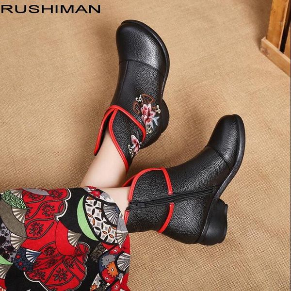 boots rushiman women's genuine leather ankle shoes vintage handmade cowhide for women, Black