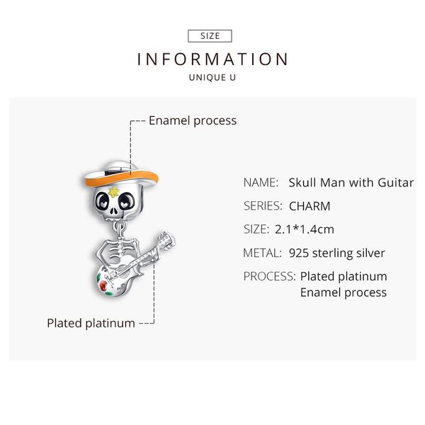 

bamoer 925 стерлинговое серебро хэллоуин череп человек с гитарным очарованием для оригинального серебряного браслета прекращенные ювелирные, Bronze;silver