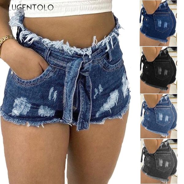

lugentolo high waist denim shorts women skinny tassel hole drawstring plus size solid summer casual fashion streetwear, White;black