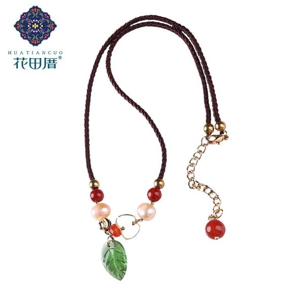 

chokers vintage leaf pendant necklace pearl lampwork adjustable rope chain fashion women jewelry dl-18028, Golden;silver