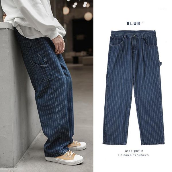 

men vintage striped wide leg jeans 2019 men japan style streetwear fashion denim pants male loose straight jeans1, Blue