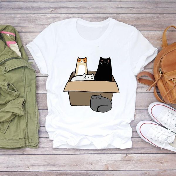 

women cat cartoon cute short sleeve funny fashion clothing summer shirt t-shirts t graphic female ladies womens tee t-shirt, White
