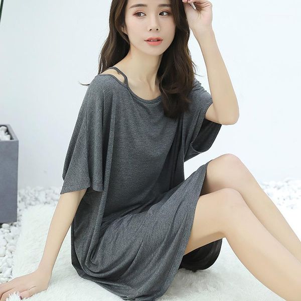 

women's sleepwear 2021 summer large size nightdress modal cotton long off-the-shoulder short-sleeved dress sleepdress nightgowns sleeps, Black;red
