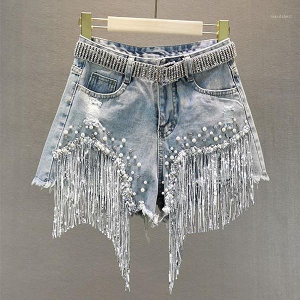 

europe style 2020 summer women's diamond beading sequin tassel denim shorts jeans fashion girls ladies all-match trousers a37421, White;black