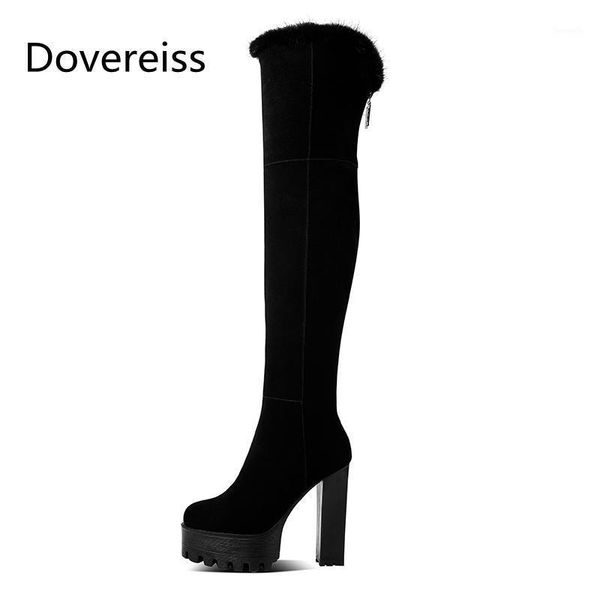 

boots dovereiss fashion women's shoes winter elegant pointed to platform concise block heels mature over the knee 401, Black