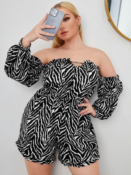 

plus zebra striped off shoulder frilled lantern sleeve romper q2zh#, Black
