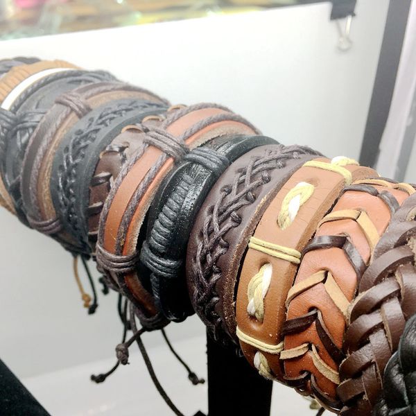 

lots vintage mens genuine leather surfer 20pcs cuff wristband fashion jewelry gift mixed style bracelet