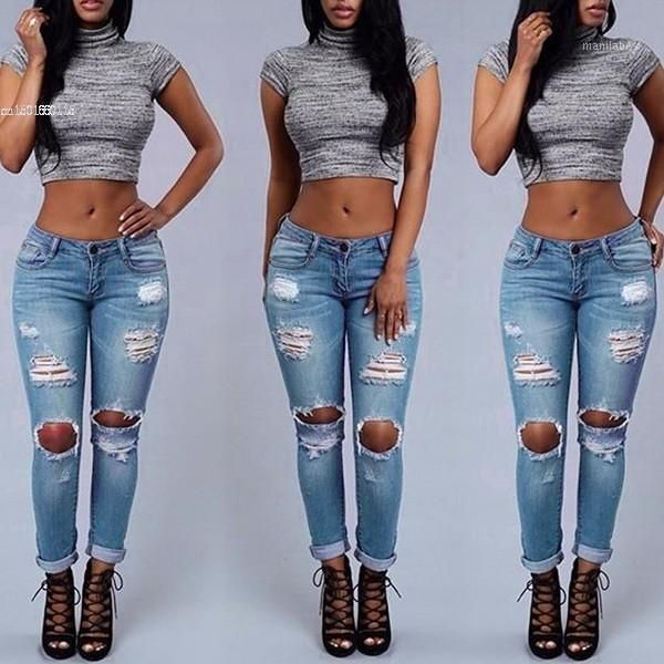 

wholesale- 2017 fashion summer style fashion women denim ripped hole skinny slim stretch pencil jeans butt lifting pants 1, Blue