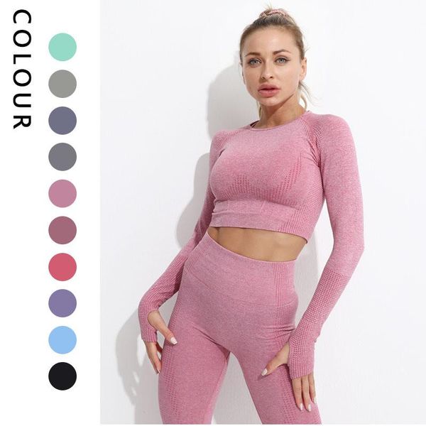 

наборы тренировки для женщин 2 шт. длинные рукава бесшовные yoga outfit couscsuit высокая талия леггинсы и урожайные тренажеры, White;red