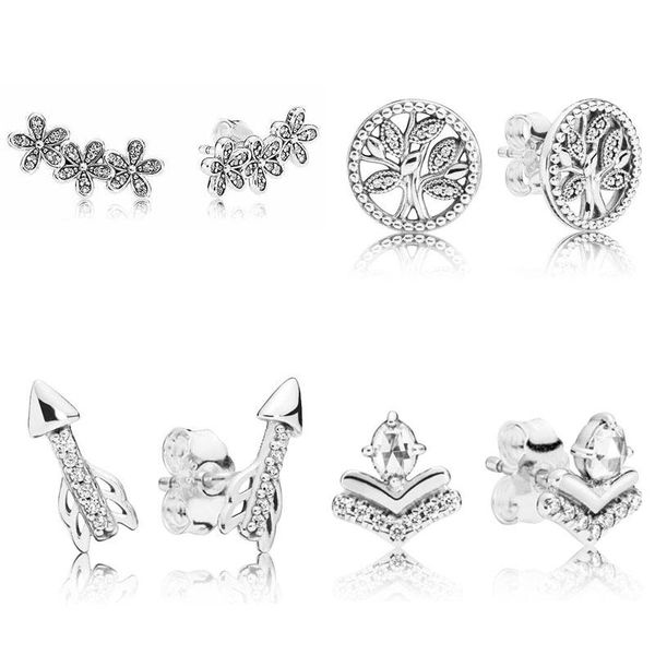 

stud 925 sterling silver earring dazzling daisy clusters tree of love wish arrow with crystal for women jewelry, Golden;silver