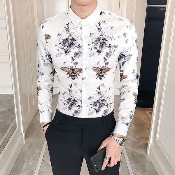 

bee gold black flower print shirt long sleeve 2018 spring summer luxury slim fit party prom club wedding shirt camisa masculina11, White;black