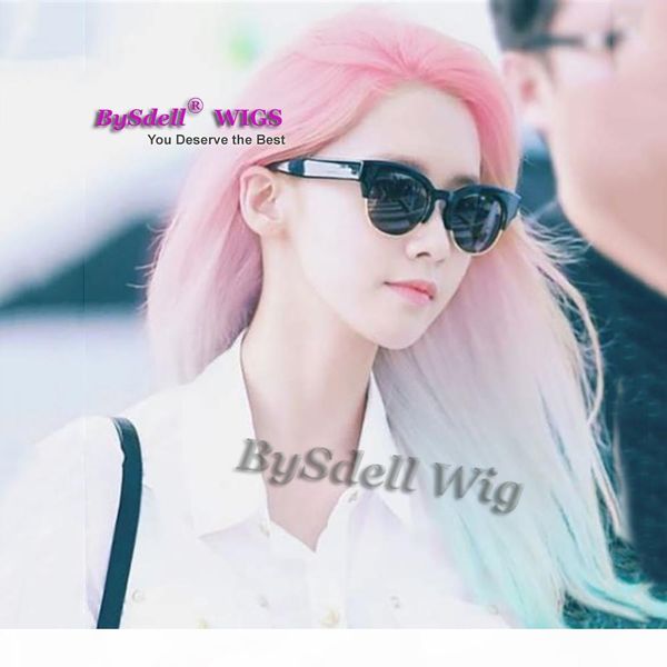 

shoulder length synthetic peach pink ombre ice blue color hair mermaid cosplay party wigs ins style fashion unicorn lace front wig, Black