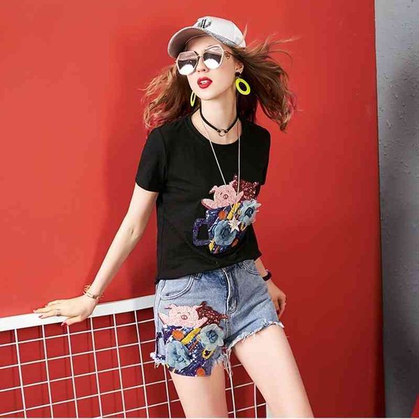 

Women's Two Piece Pants Arrival Summer Beading 3D Flower Sequins Tshirts Top + High Waist Denim Short Jeans Clothes 2 Pieces Set Suits, White