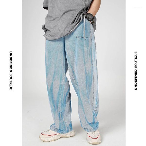 

undefinedboutique dyeing jeans for men casual fashion hip hop harem pants baggy jeans men's straight wide leg pants1, Blue