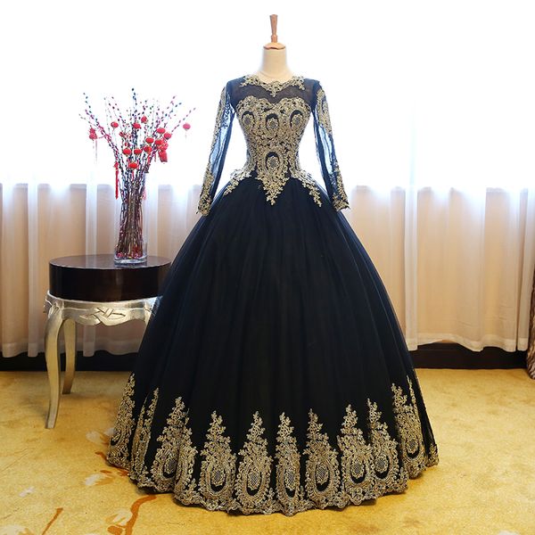 2021 nova chegada manga longa vestido de bola preto quinceanera vestidos ouro apliques doces 16 vestido debutante vestido de festa de baile feito sob encomenda feita 004