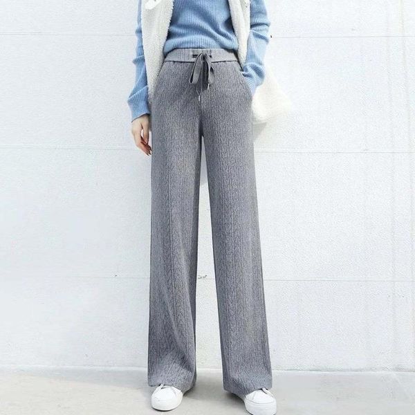 

quality selling knitting wide-legged pants female new winter 2021 contracted fashion leisure trousers drape cultivate morality, Black;white