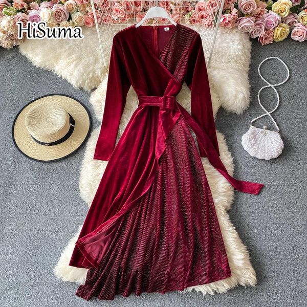

casual dresses 2021 winter party dress women v-neck puff sleeve lace up velvet a-line fairy female chic elegant bright silk, Black;gray