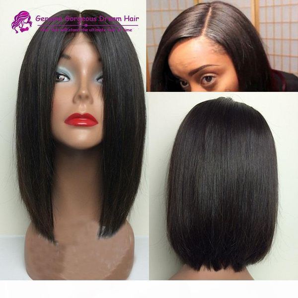 

middle part 100% brazilian hair straight short bob wig lace front wig glueless full lace wigs with bleached knots, Black;brown