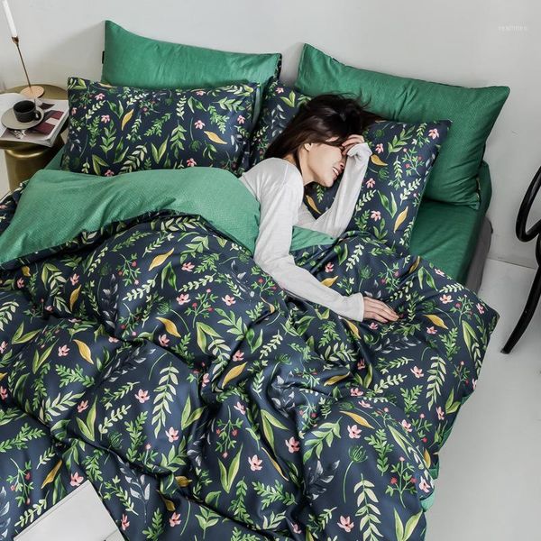

nordic 60s egyptian cotton bedding set high-end quilted tropical leaves flowers printing duvet quilt cover bed sheet pillowcase1