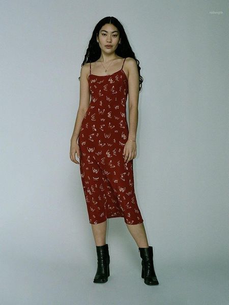 

women butterfly floral print casual long dress silk spaghetti strap dress1, Black;gray