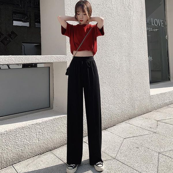 

wide leg pants ulzzang women solid high waist trousers pleated loose casual elegant womens korean style chic school daily girls, Black;white