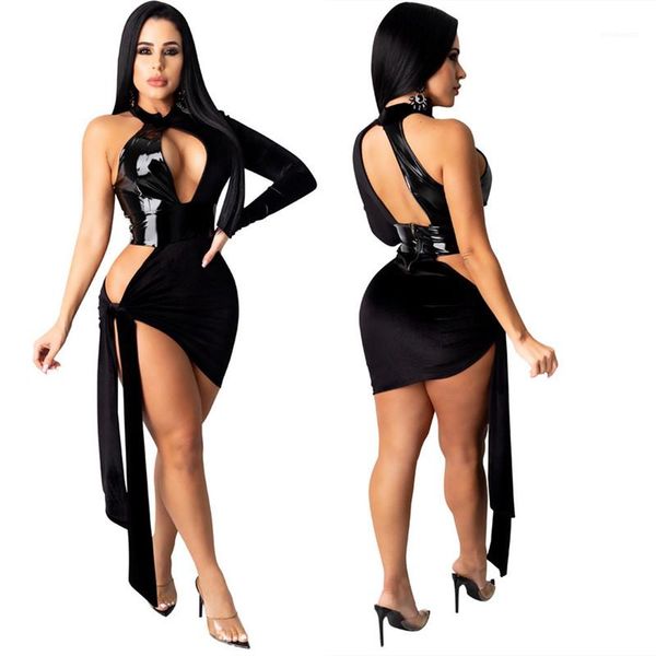 

designer dresses irregular bandage hollow out womens dresses casual females night club style dresses pu panelled womens, Black;gray