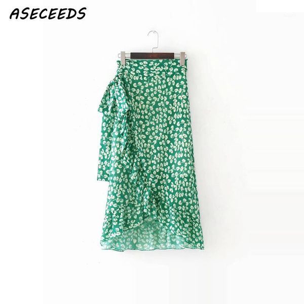 

ruffle wrap floral print skirts womens sash tie up beach summer skirt asymmetric high waist korean streetwear long skirt femme1, Black