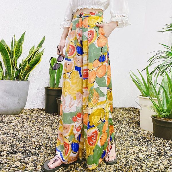 

2020 new summer thin chiffon wide leg pants straight large size pants beach vacation high waist bohemian printed wide leg pants, Black;white