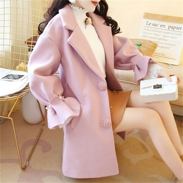 

[ewq] women coat outerwear winter lovely warm woolen blends female elegant flare sleeve beading loose woolen coat 201218, Black