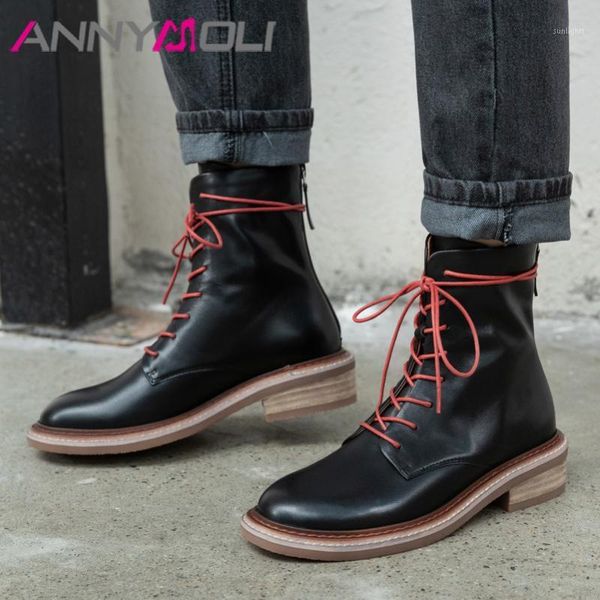 

boots annymoli real leather thick heels ankle women shoes cross tied zipper mid heel ladies short black brown big size 401