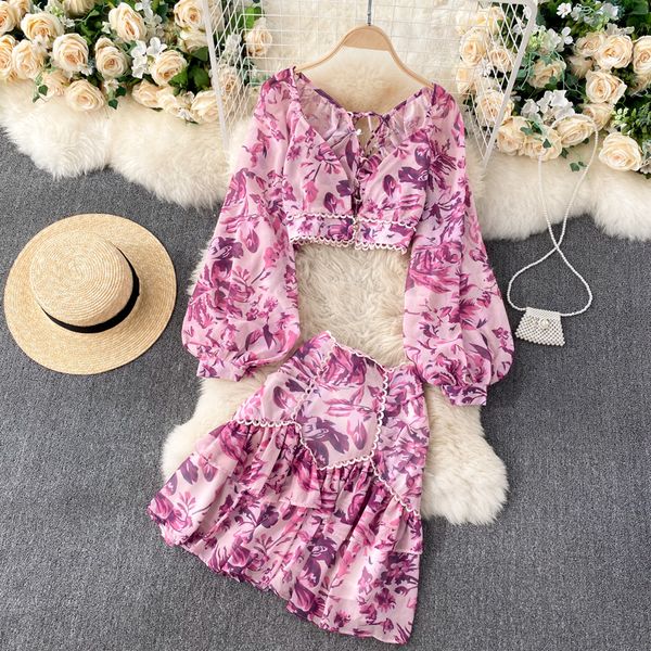 

2021 new female autumn bohemian set deep puff + high to line skirt short suit parts o6bk, Gray