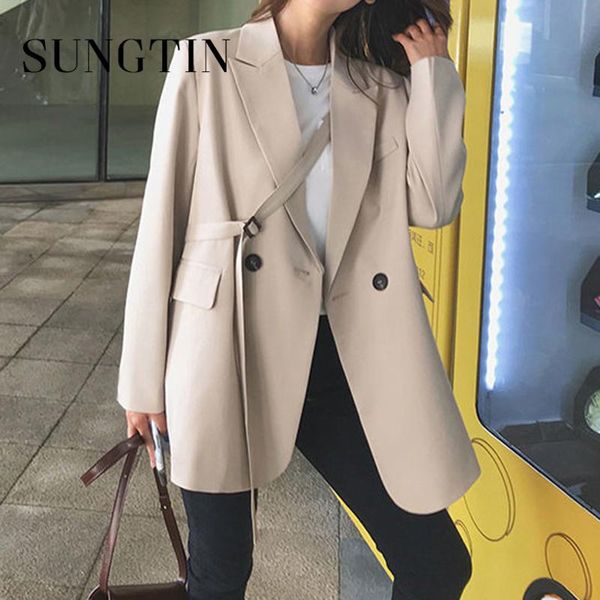 

sungtin office lady blazer women vintage korean loose blazer coats streetwear solid casual jacket suit fashion with belt 2021, White;black