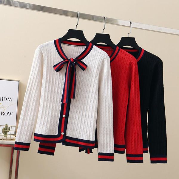 

thick knitted sweater cardigan women winter autumn elegant pearl button sweater style bow jacket striped long sleeve a206, White
