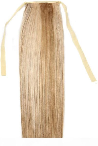 

two tone mixed blonde sleek drawstring ponytail hair extensions human hair ponytail extension ribbon clip pony tails hairpiece 120g p18 613, Black