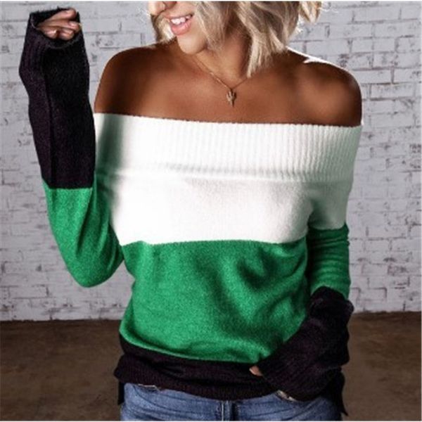 

ladies splicing t-shirt sweater fashion long sleeve slash neck strapless knitting designer famale winter new loose casual sweater, White