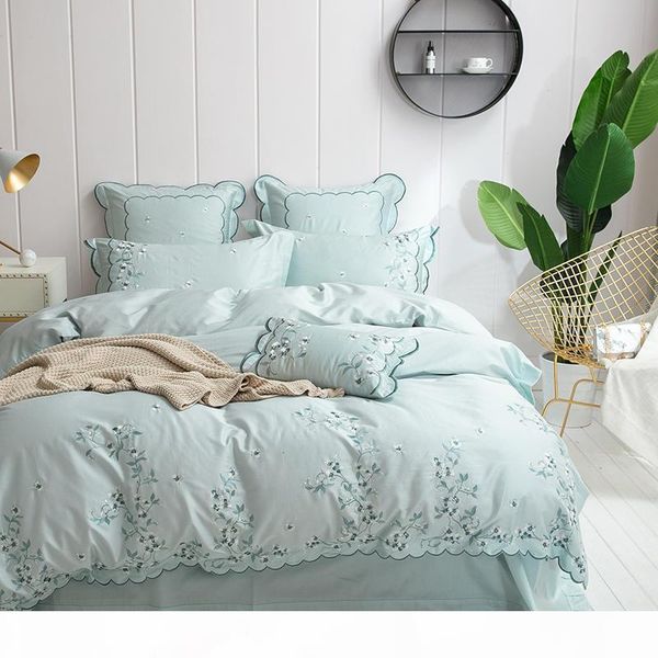 

egyptian cotton  king size design bedding set luxury green pink embroidered duvet cover fitted bedsheet set parure de lit
