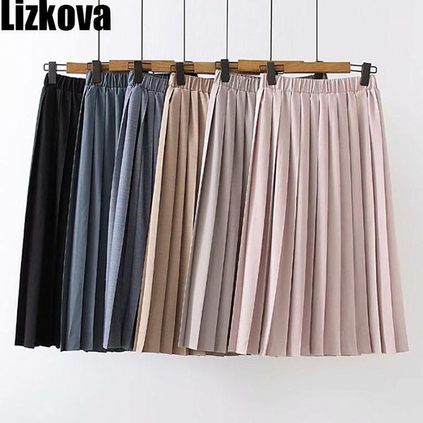

lizkova pleated skirt women pink high waist midi skirt 2020 summer plus size casual elastic waist pyq0011, Black