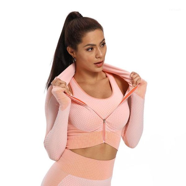

yoga outfits quick dry zipper long-sleeve female t-shirt running seamless workout for women athletic gym swear sliming tights 1, White;red