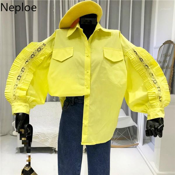 

neploe 2020 spring long-sleeve pure color shirt women vintage loose single breasted blouse fashion oversize blusas 1a1901, White