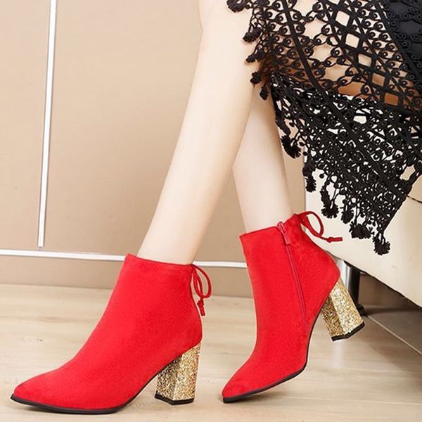 

2021 new women ankle boots bling high heels shoes seude fashion party wedding pumps thin plush autumn winter comfort shoe woman i4ws, Black