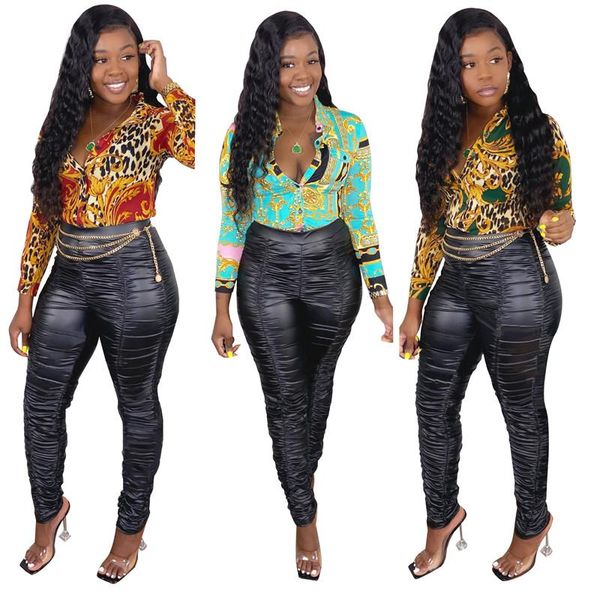 

women's pants & capris autumn 2021 fashion black high waist pu leather pencil women pleated trousers streetwear skinny punk, Black;white