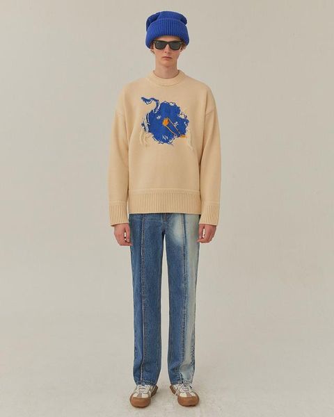 

adererror 2021 fall winter blue flower embroidery tassels pullover oversized hip-hop ader sweater men women couple pullovers, White;black